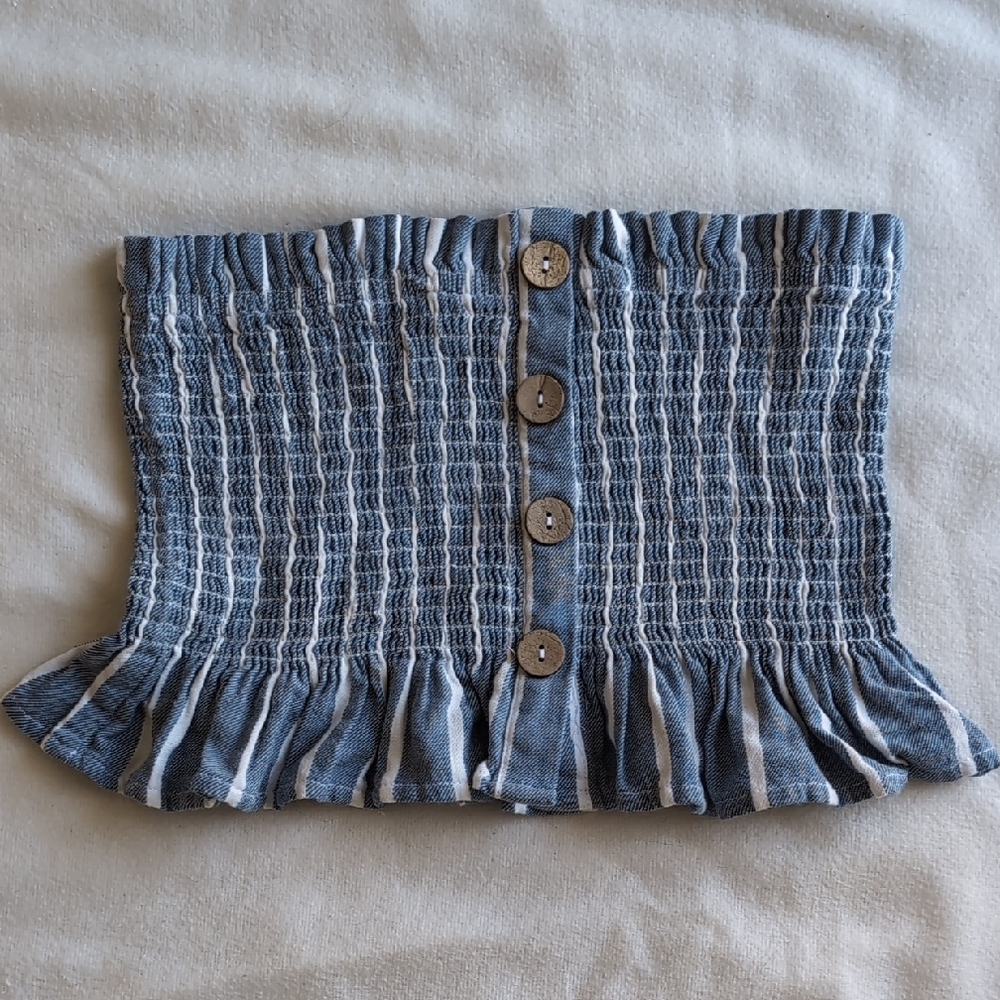 Blue Smocked Tube Top with Buttons